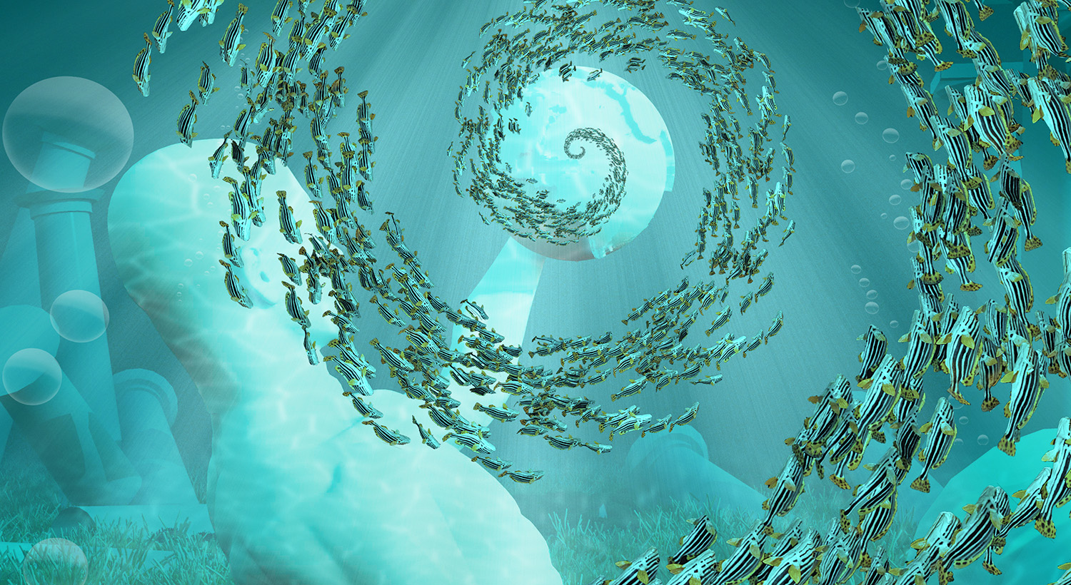 Fish Swim in spiral formation in Submerged Ruins