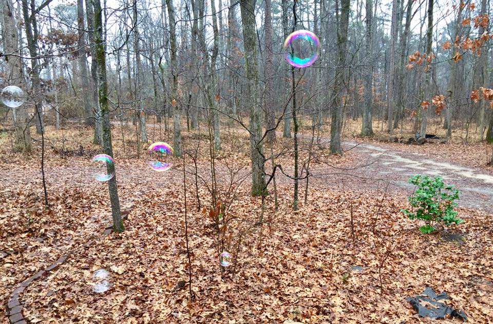 Blowing bubbles off the front porch during winter.