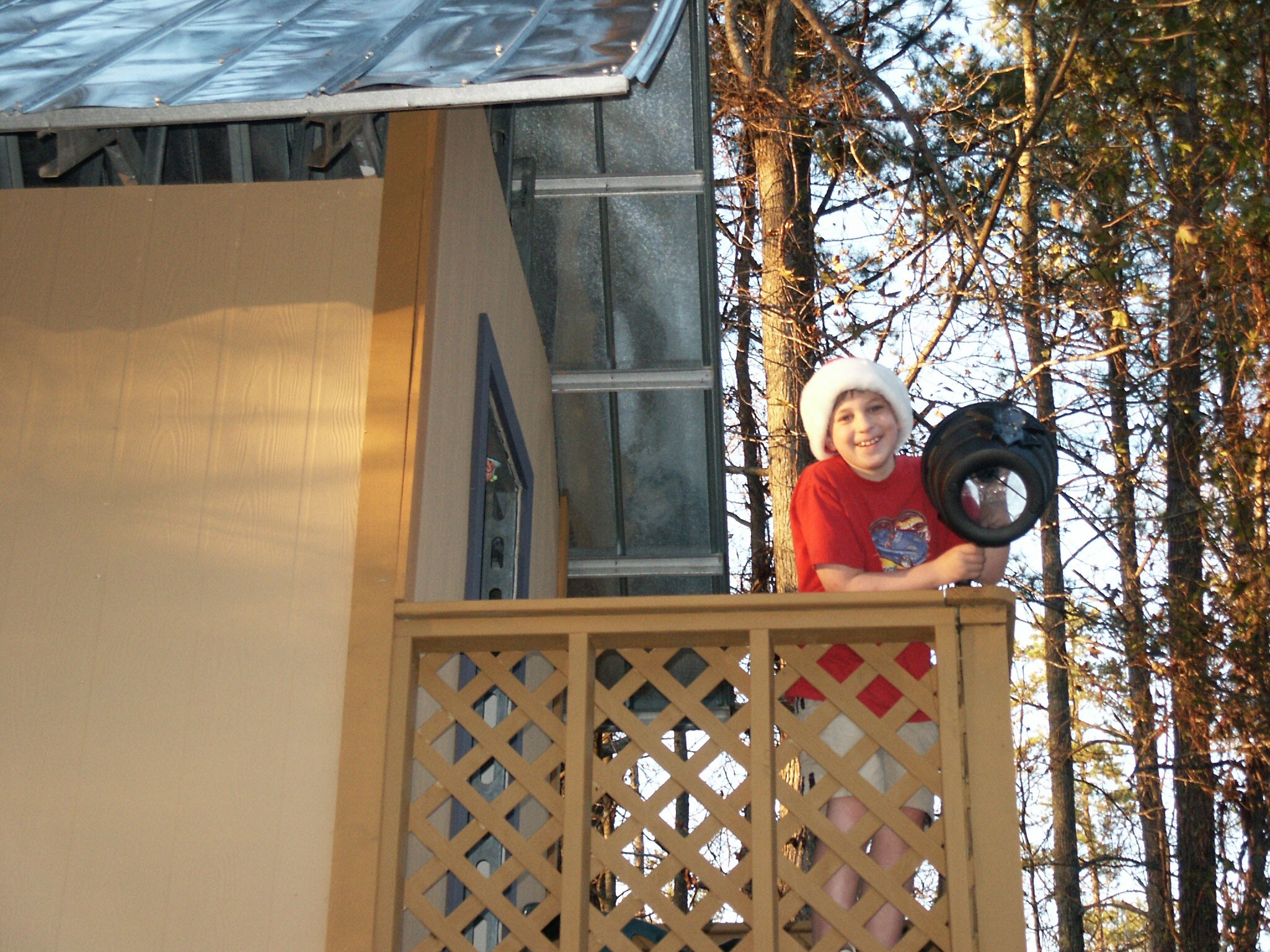Happy young boy in a treehouse