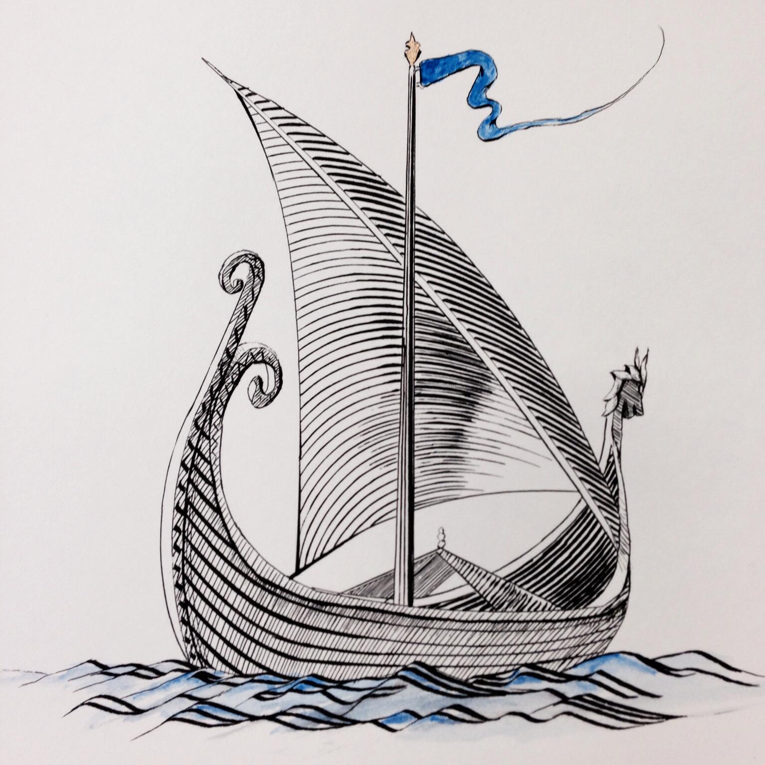 Drawing of a boat with a calligraphy pen for Kevin Flaherty's funeral.